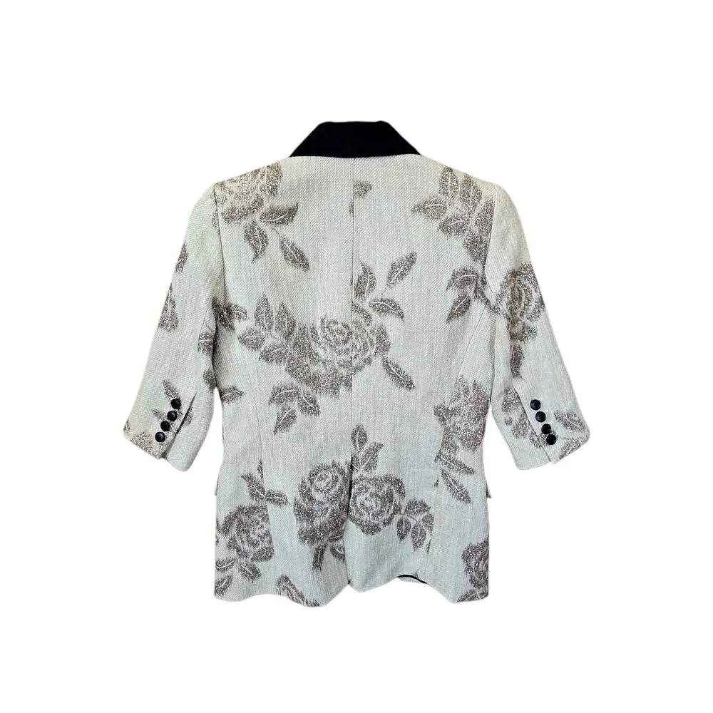 Smythe Tan Metallic Glitter Rose Contrast Lapel Wool Linen‎ Blend Blazer Size 4